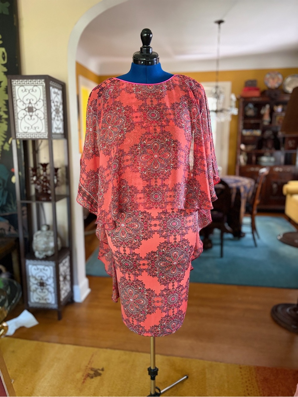Analili Coral Paisley Chiffon Overlay Cocktail Dress M/L